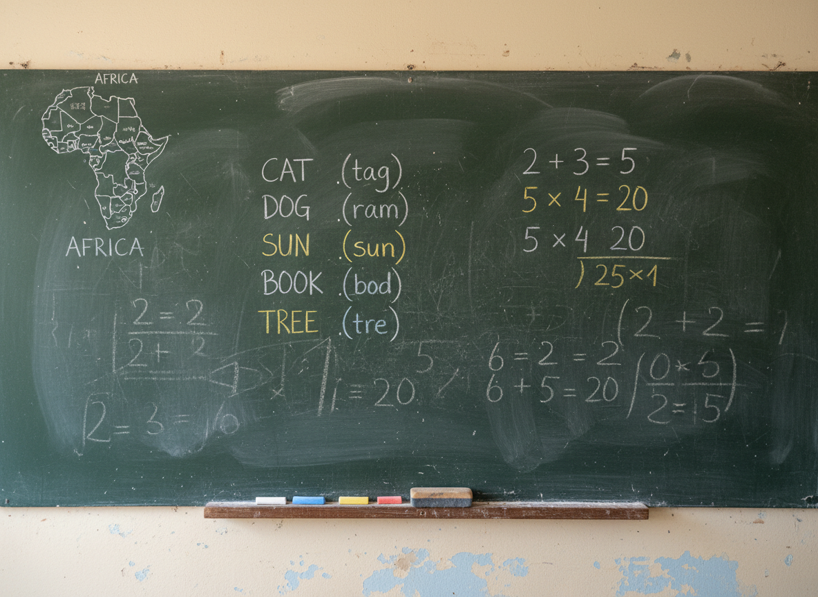 A well-used dark green chalkboard filled with carefully written lessons in white and yellow chalk, including simple English words, arithmetic problems, and a small map of Africa in one corner. Faint traces of earlier lessons ghost through the slate surface, adding texture and history. At the bottom edge, a wooden chalk ledge holds short sticks of colored chalk and a slightly dusty eraser. The classroom wall below is painted a muted cream with a few small chips revealing older layers. Diffused daylight enters from the side, illuminating the chalk dust and creating a calm, studious mood. Shot straight-on in photographic realism with sharp focus across the entire frame, the image feels earnest, educational, and mission-driven.