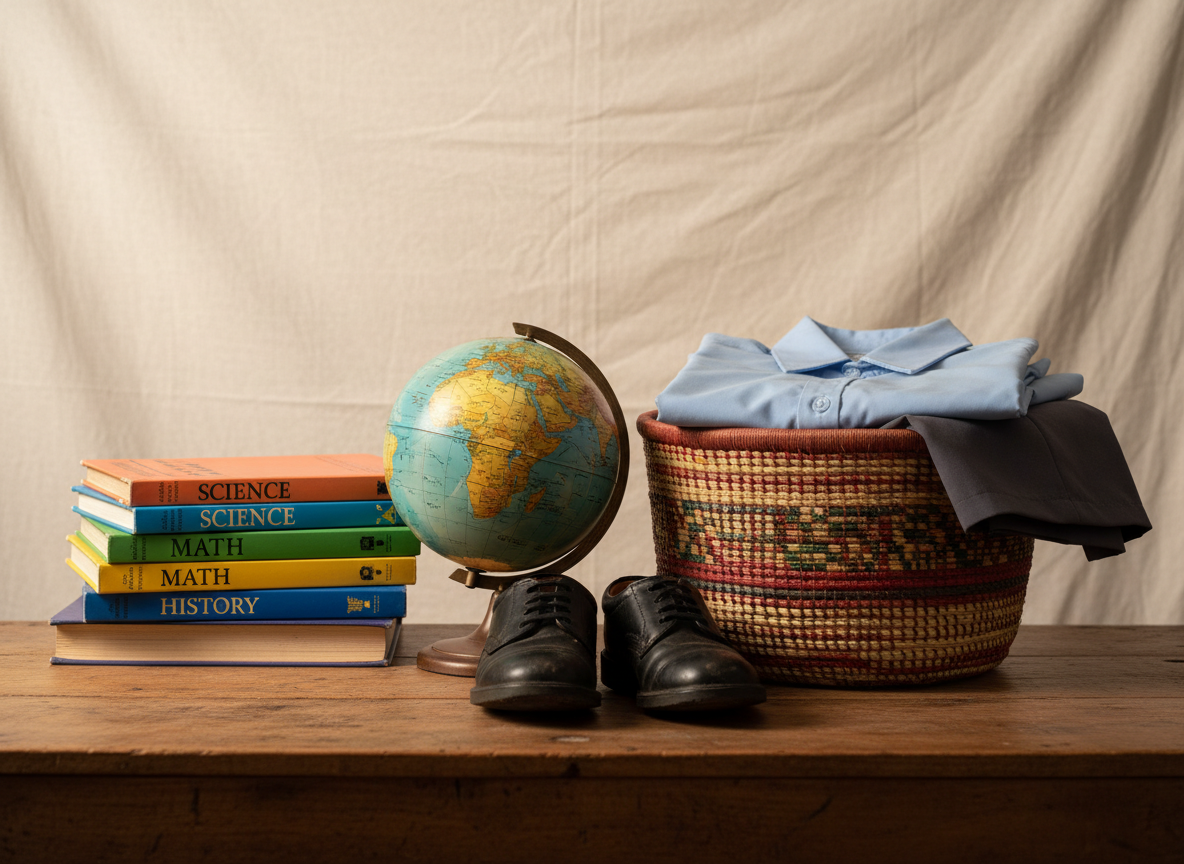 A carefully arranged still life of symbolic items representing support for African children’s education: a small, well-worn globe turned to show the African continent, a stack of colorful school textbooks with slightly frayed edges, a traditional woven basket containing neatly folded school uniforms, and a pair of polished black school shoes placed side by side. These objects rest on a simple wooden table against a softly textured, neutral background. Warm, diffused studio lighting highlights the rich textures of fabric, leather, and woven fibers while casting gentle shadows that add depth. Photographic realism, shot at eye level with a shallow depth of field, keeps the central objects in sharp focus while subtly blurring the background, creating a dignified, hope-filled, and professional atmosphere suitable for a nonprofit ministry website.